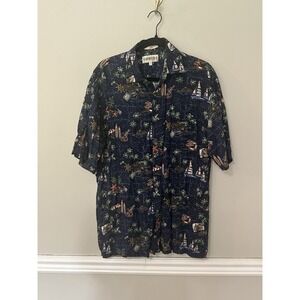 Moda Campia Shirt M‎ Blue Nautical Sailboat Rayon Button Down Sailorcore Aloha